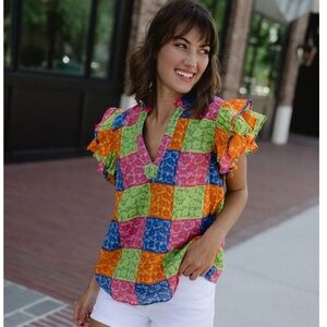 Briton Court Delilah Flutter Sleeve Top Floral Patchwork Print Size Med NWT